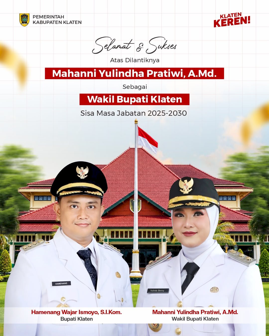 Selamat dan Sukses! Mahanni Yulindha Pratiwi Resmi Dilantik sebagai Wakil Bupati Klaten Sisa Masa Jabatan 2025–2030